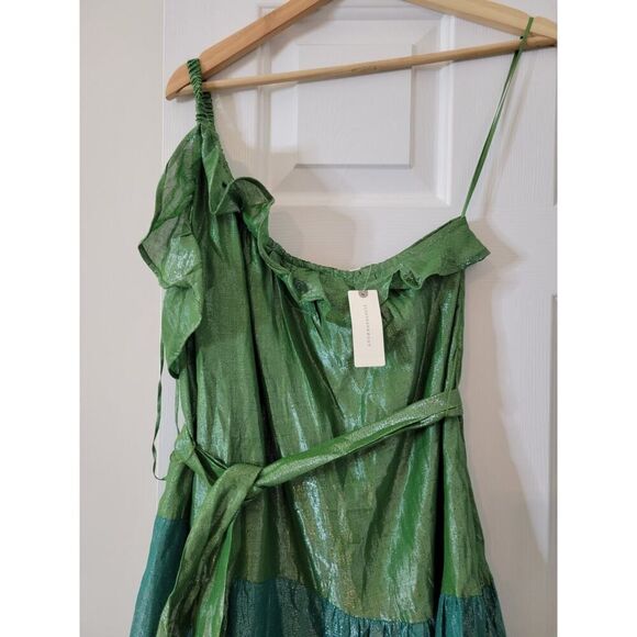 Anthropologie Maeve Metallic Ruffled One-Shoulder Color Block Belted Midi Dress - Picture 5 of 10